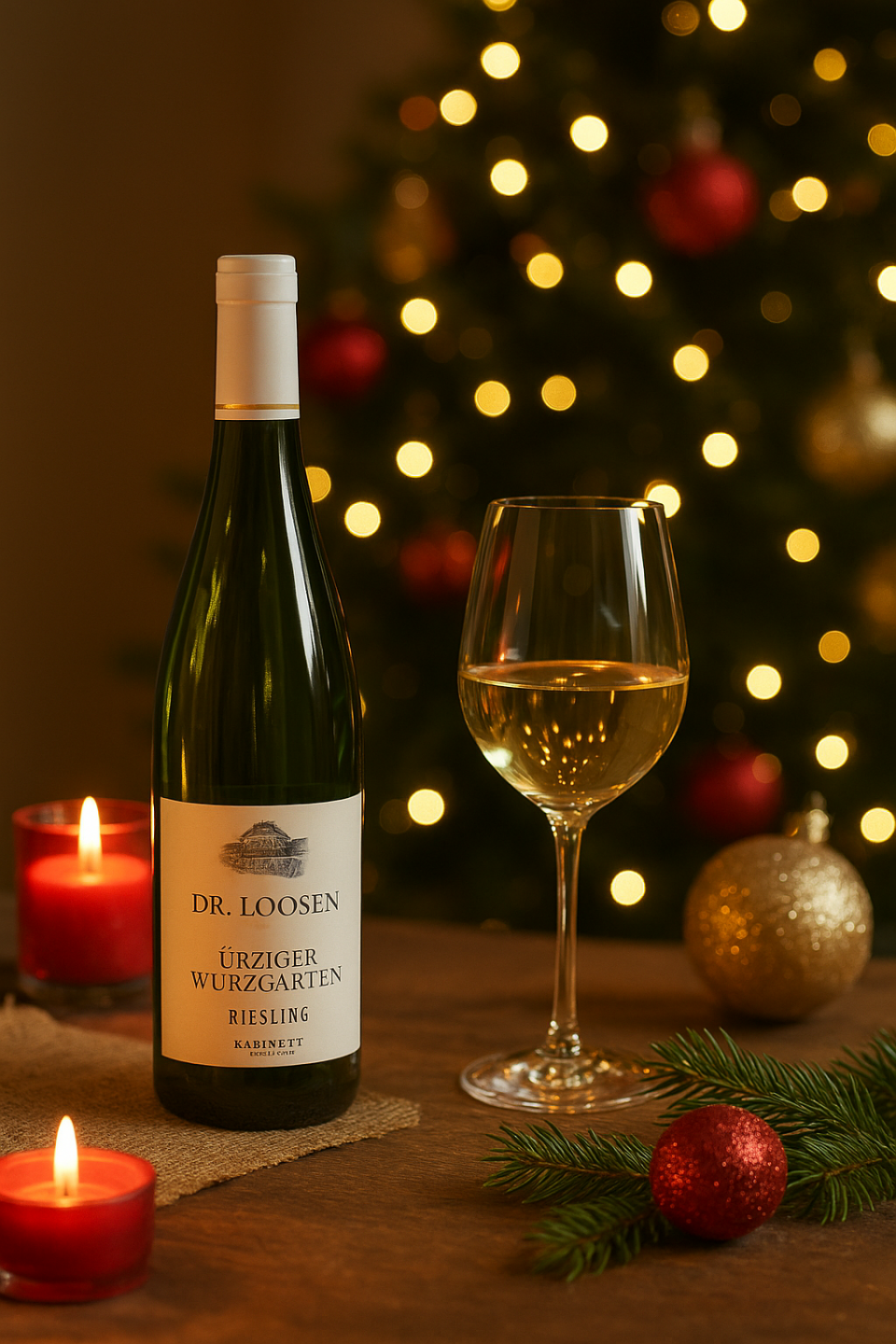 Weinflasche vor dem Weihnachtsbaum